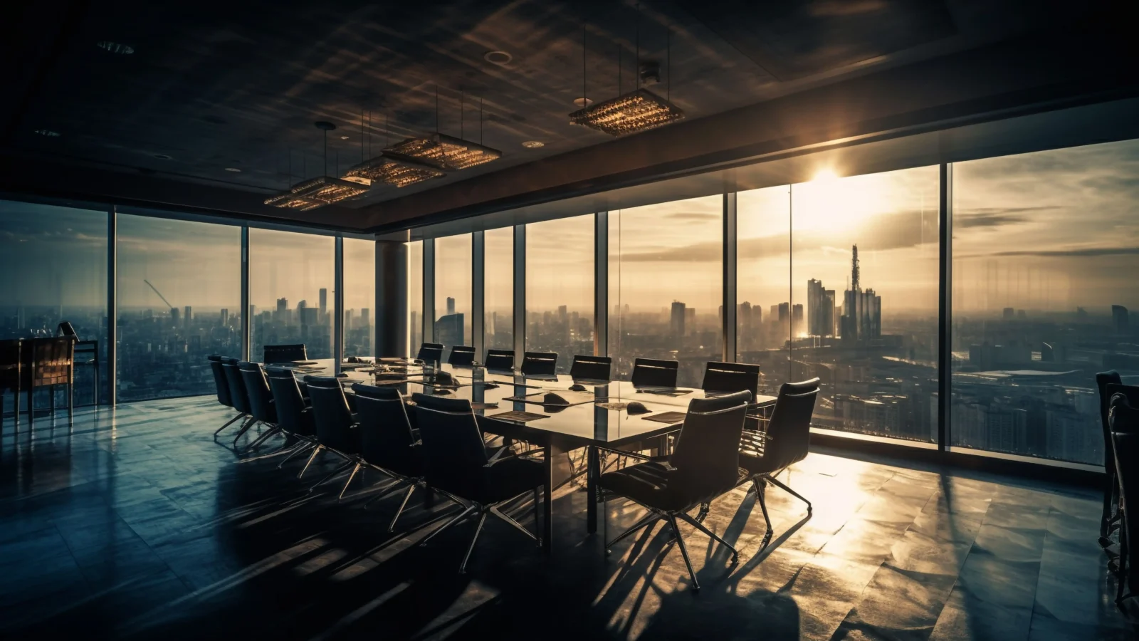 Boardroom overlooking a city skyline