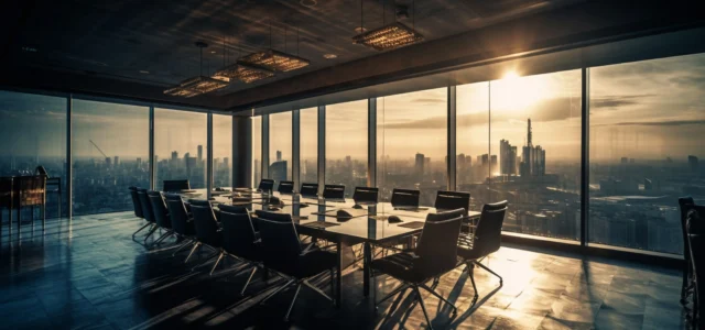 Boardroom overlooking a city skyline