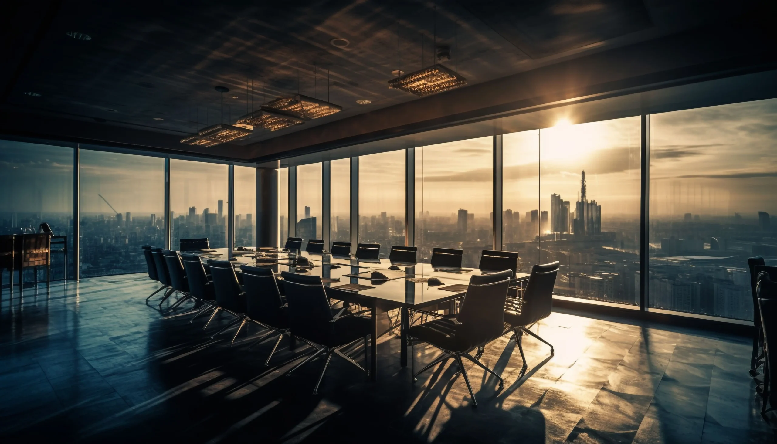Boardroom overlooking a city skyline